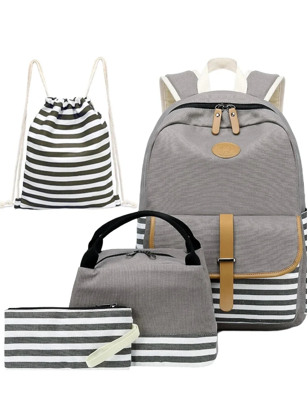 Gray and White Striped Backpack Set